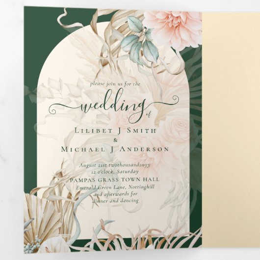 All-in-1 Green Pampas Grass Peach Wedding PHOTO Drieluik Uitnodiging (Binnenzijde eerst)