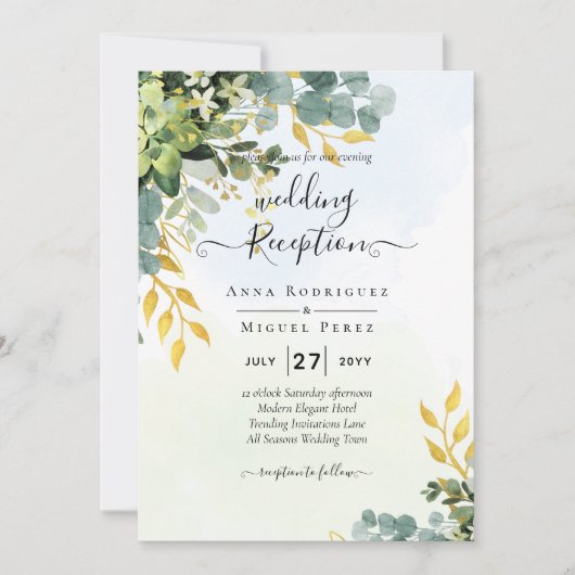 All-in-1 Greenery Gold Eucalyptus Leaves Wedding Kaart (Voorkant)