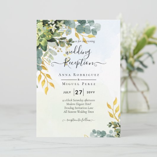 All-in-1 Greenery Gold Eucalyptus Leaves Wedding Kaart (Staand voorkant)