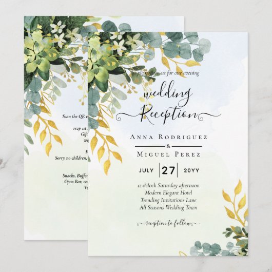All-in-1 Greenery Gold Eucalyptus Leaves Wedding Kaart (Voorkant / Achterkant)