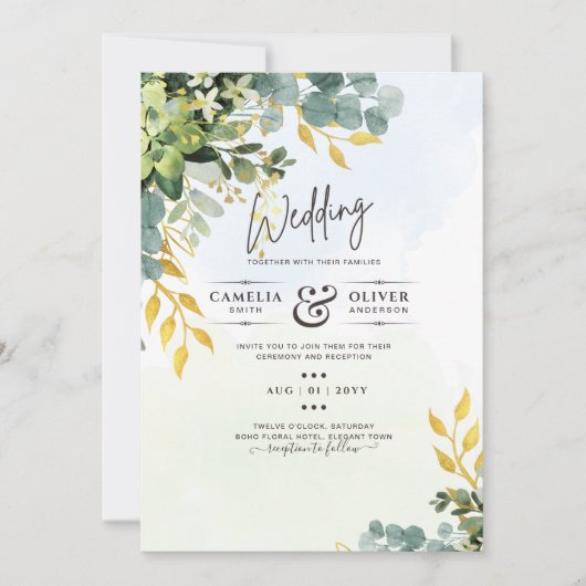 All-in-1 Greenery Gold Eucalyptus Leaves Wedding Kaart (Voorkant)