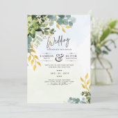 All-in-1 Greenery Gold Eucalyptus Leaves Wedding Kaart (Staand voorkant)