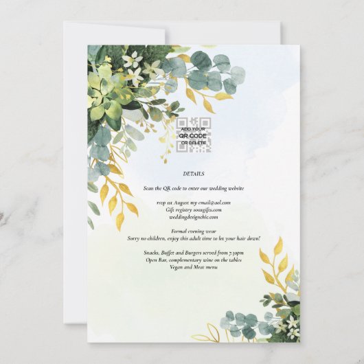 All-in-1 Greenery Gold Eucalyptus Leaves Wedding Kaart (Achterkant)
