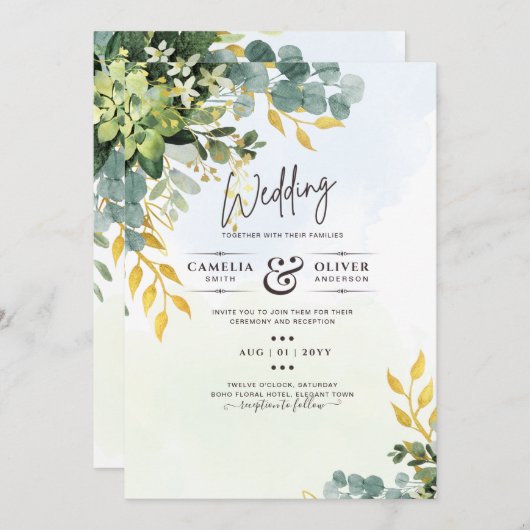 All-in-1 Greenery Gold Eucalyptus Leaves Wedding Kaart (Voorkant / Achterkant)