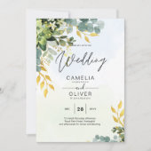 All-in-1 Greenery Gold Eucalyptus Leaves Wedding Kaart (Voorkant)