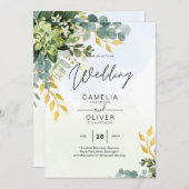 All-in-1 Greenery Gold Eucalyptus Leaves Wedding Kaart (Voorkant / Achterkant)