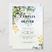 All-in-1 Greenery Gold Eucalyptus Leaves Wedding Kaart (Voorkant)