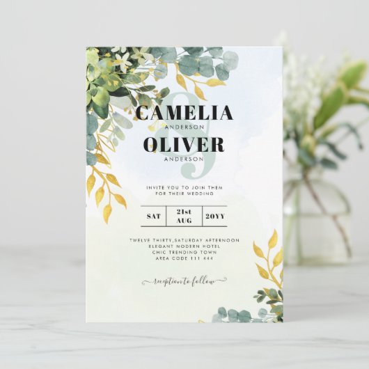 All-in-1 Greenery Gold Eucalyptus Leaves Wedding Kaart (Staand voorkant)