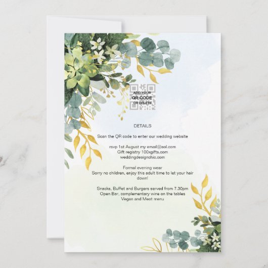 All-in-1 Greenery Gold Eucalyptus Leaves Wedding Kaart (Achterkant)