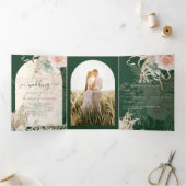 All-in-1 groene Pampas gras perzik bruiloft FOTO T Drieluik Uitnodiging (Binnen)