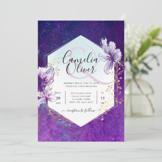 All-in-1 Plum Paars Floral Wedding Kaart (Staand voorkant)