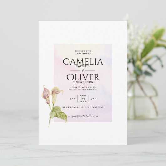 ALL-IN-1 Roze CALLA Lelie Kunst Trouw UITNODIGING (Staand voorkant)