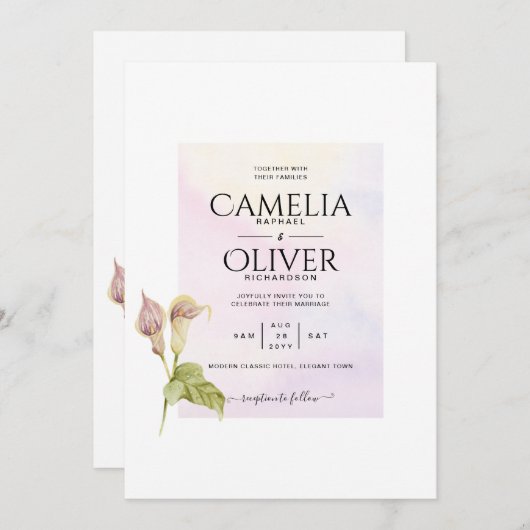ALL-IN-1 Roze CALLA Lelie Kunst Trouw UITNODIGING (Voorkant / Achterkant)