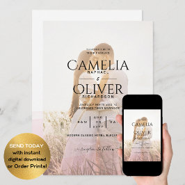 All-in-1 Roze Ombre Foto Overlay Huwelijks QR-code Kaart