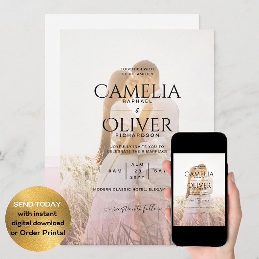 All-in-1 Roze Ombre Foto Overlay Huwelijks QR-code Kaart