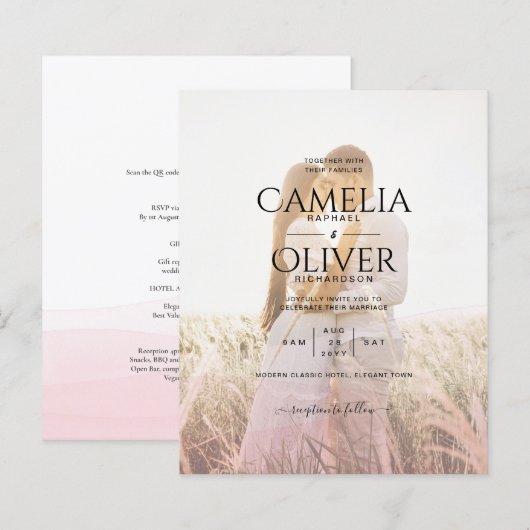 All-in-1 roze ombre Photo Overlay Wedding QR Code (Voorkant / Achterkant)
