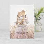 All-in-1 roze ombre Photo Overlay Wedding QR Code Kaart (Staand voorkant)