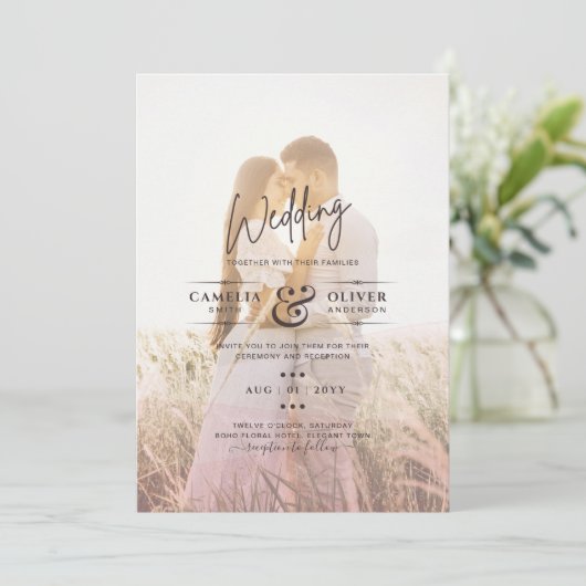 All-in-1 roze ombre Photo Overlay Wedding QR Code Kaart (Staand voorkant)