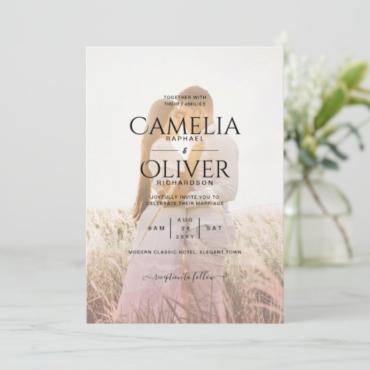 All-in-1 roze ombre Photo Overlay Wedding QR Code Kaart (Staand voorkant)