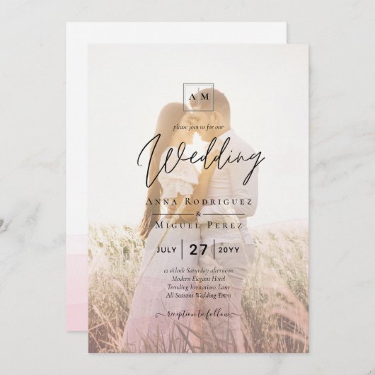 All-in-1 roze ombre Photo Overlay Wedding QR Code Kaart (Voorkant / Achterkant)