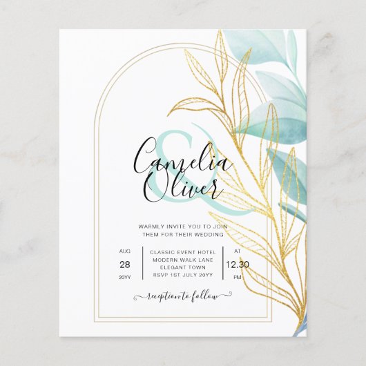 All-in-1 Zee Glass Aqua Green Gold Leaves Wedding Flyer (Voorkant)