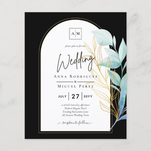 All-in-1 Zee Glass Aqua Green Gold Leaves Wedding Flyer (Voorkant)