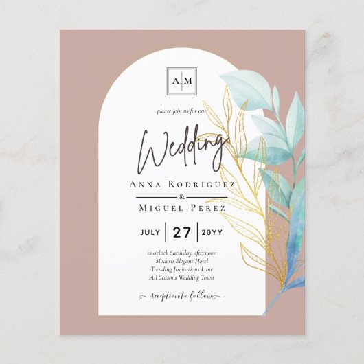 All-in-1 Zee Glass Aqua Green Gold Leaves Wedding Flyer (Voorkant)