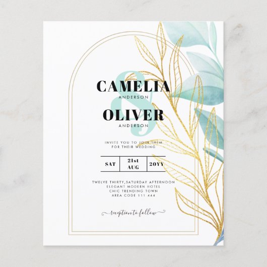 All-in-1 Zee Glass Aqua Green Gold Leaves Wedding Flyer (Voorkant)