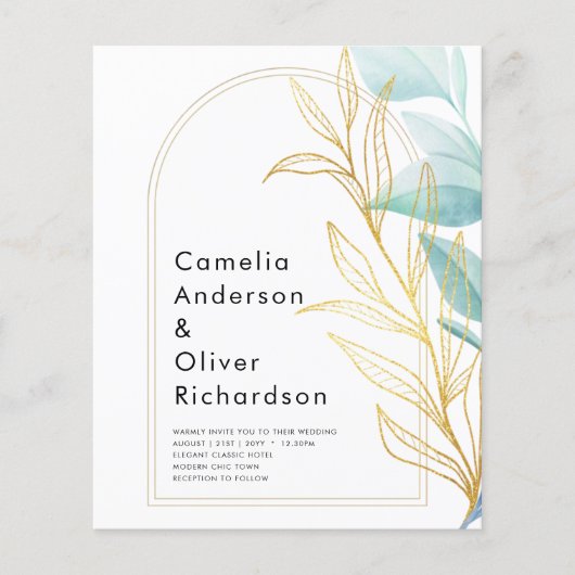 All-in-1 Zee Glass Aqua Green Gold Leaves Wedding Flyer (Voorkant)