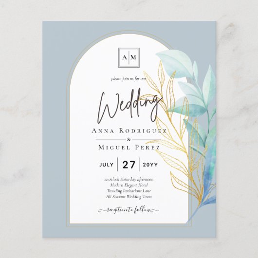 All-in-1 Zee Glass Aqua Green Gold Leaves Wedding Flyer (Voorkant)