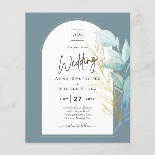 All-in-1 Zee Glass Aqua Green Gold Leaves Wedding Flyer (Voorkant)