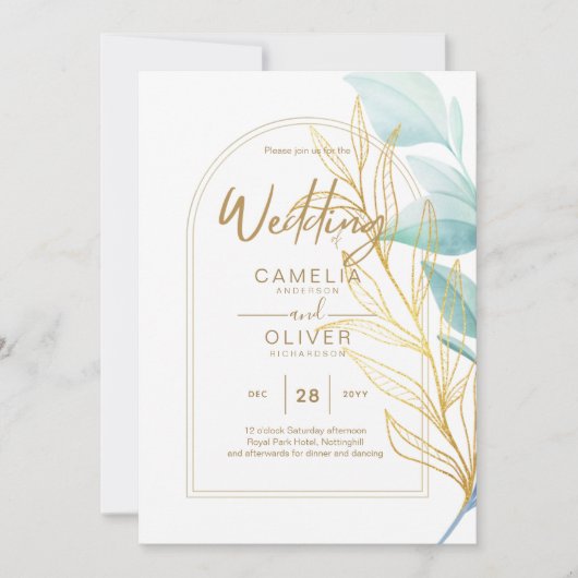 All-in-1 Zee Glass Aqua Green Gold Leaves Wedding Kaart (Voorkant)