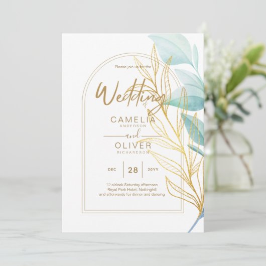 All-in-1 Zee Glass Aqua Green Gold Leaves Wedding Kaart (Staand voorkant)