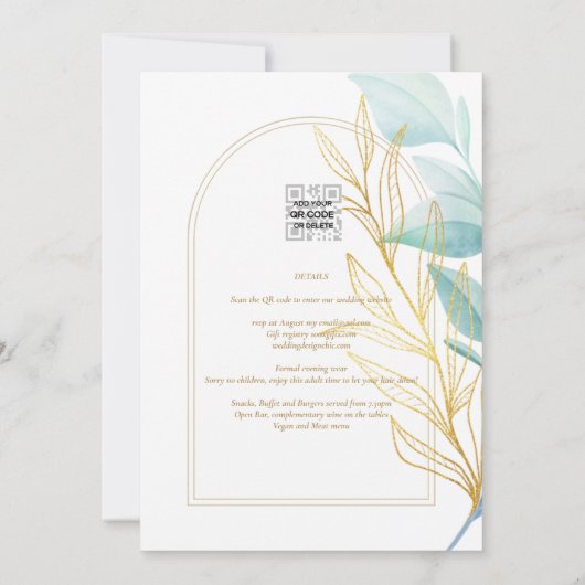 All-in-1 Zee Glass Aqua Green Gold Leaves Wedding Kaart (Achterkant)