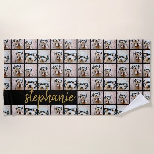 All-in-6 Photo Collage Black & Gold Script Name Strandlaken (Voorkant)