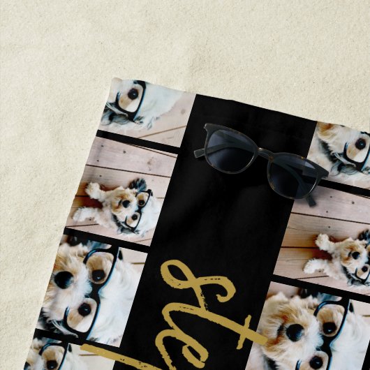 All-in-6 Photo Collage Black & Gold Script Name Strandlaken (In situ)