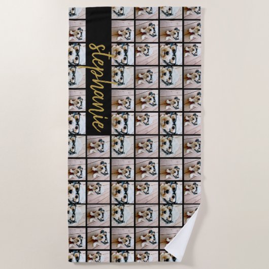 All-in-6 Photo Collage Black & Gold Script Name Strandlaken (Voorkant)