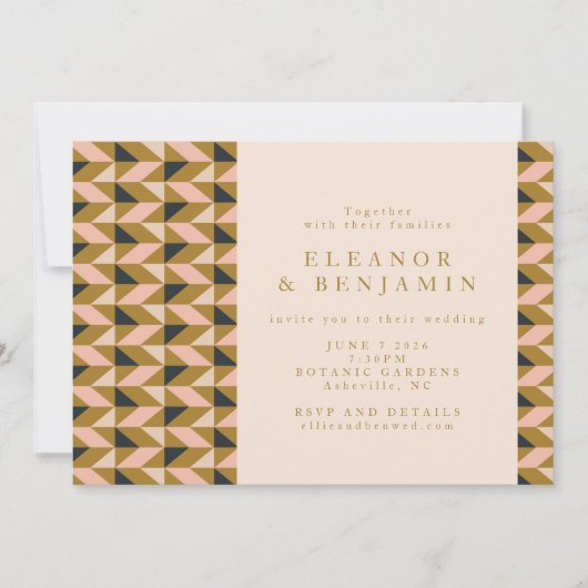All-in-One Art Deco Blush and Gold Wedding Kaart (Voorkant)