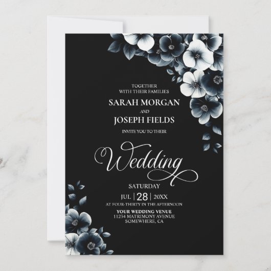 All in One Black and White Floral Wedding Kaart (Voorkant)