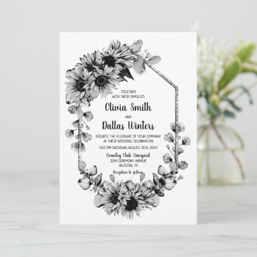 All-in-One Black and White Sunflower Weddenschap Kaart (Staand voorkant)