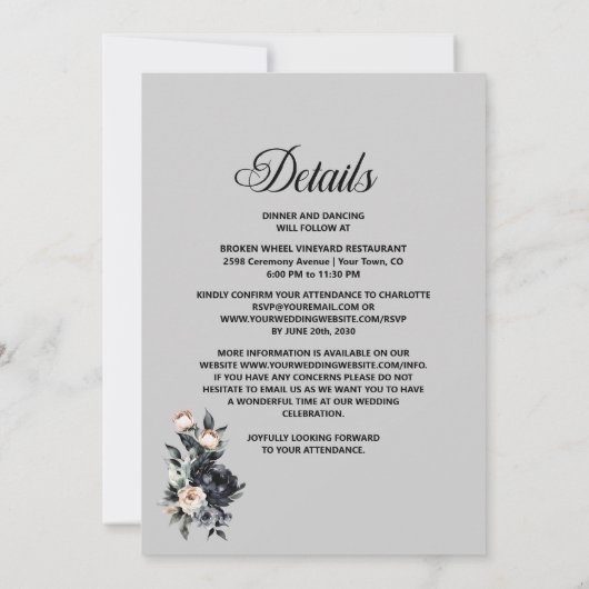 All in One Black Floral Grey Arch Wedding Kaart (Achterkant)