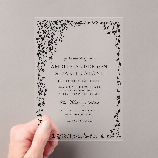 All in One Black Minimal Leaf Wedding Acryl Uitnodigingen (Insitu (Draagbaar))