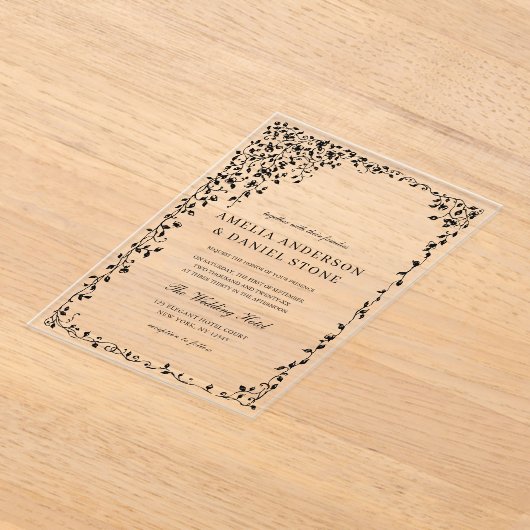 All in One Black Minimal Leaf Wedding Acryl Uitnodigingen (Laagn)