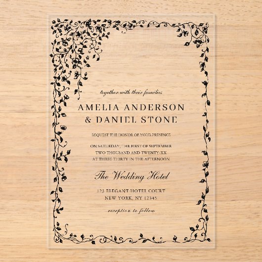 All in One Black Minimal Leaf Wedding Acryl Uitnodigingen (Voorkant)