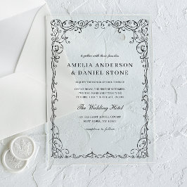 All in One Black Minimal Leaf Wedding Acryl Uitnodigingen