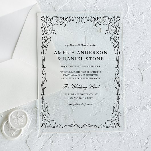All in One Black Minimal Leaf Wedding Acryl Uitnodigingen