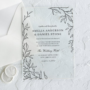 All in One Black Minimal Leaf Wedding Acryl Uitnodigingen