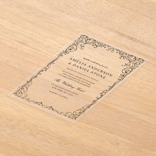 All in One Black Minimal Leaf Wedding Acryl Uitnodigingen (Laagn)