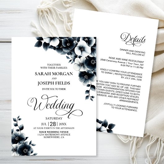 All in One Black White Floral Wedding Kaart