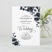 All in One Black White Floral Wedding Kaart (Staand voorkant)
